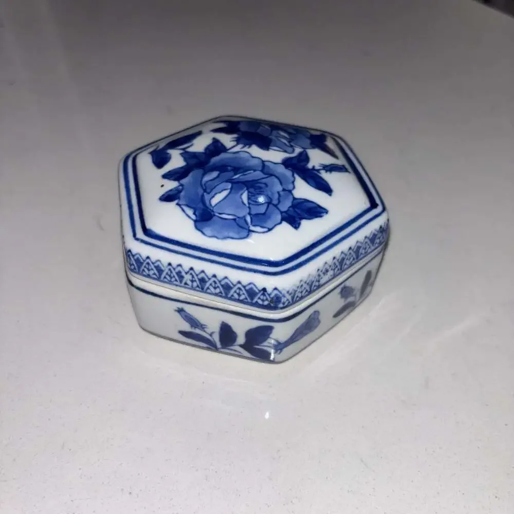 Vintage Blue and White Porcelain Hexagonal Chinoiserie Floral Trinket Box